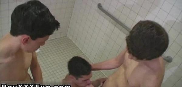  Gay twinks 3 fellows are in the shower cleaning up after a workout.